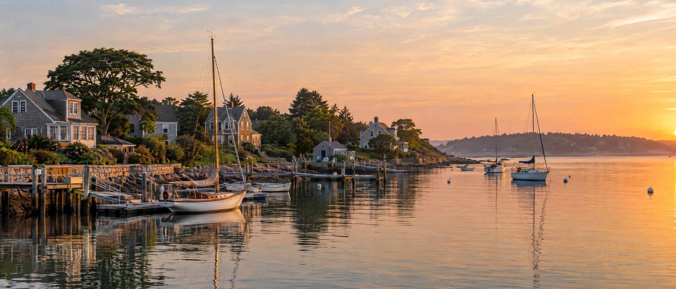 Quiet New England harbor at golden hour with wooden docks, moored sailboats, and shingled cottages