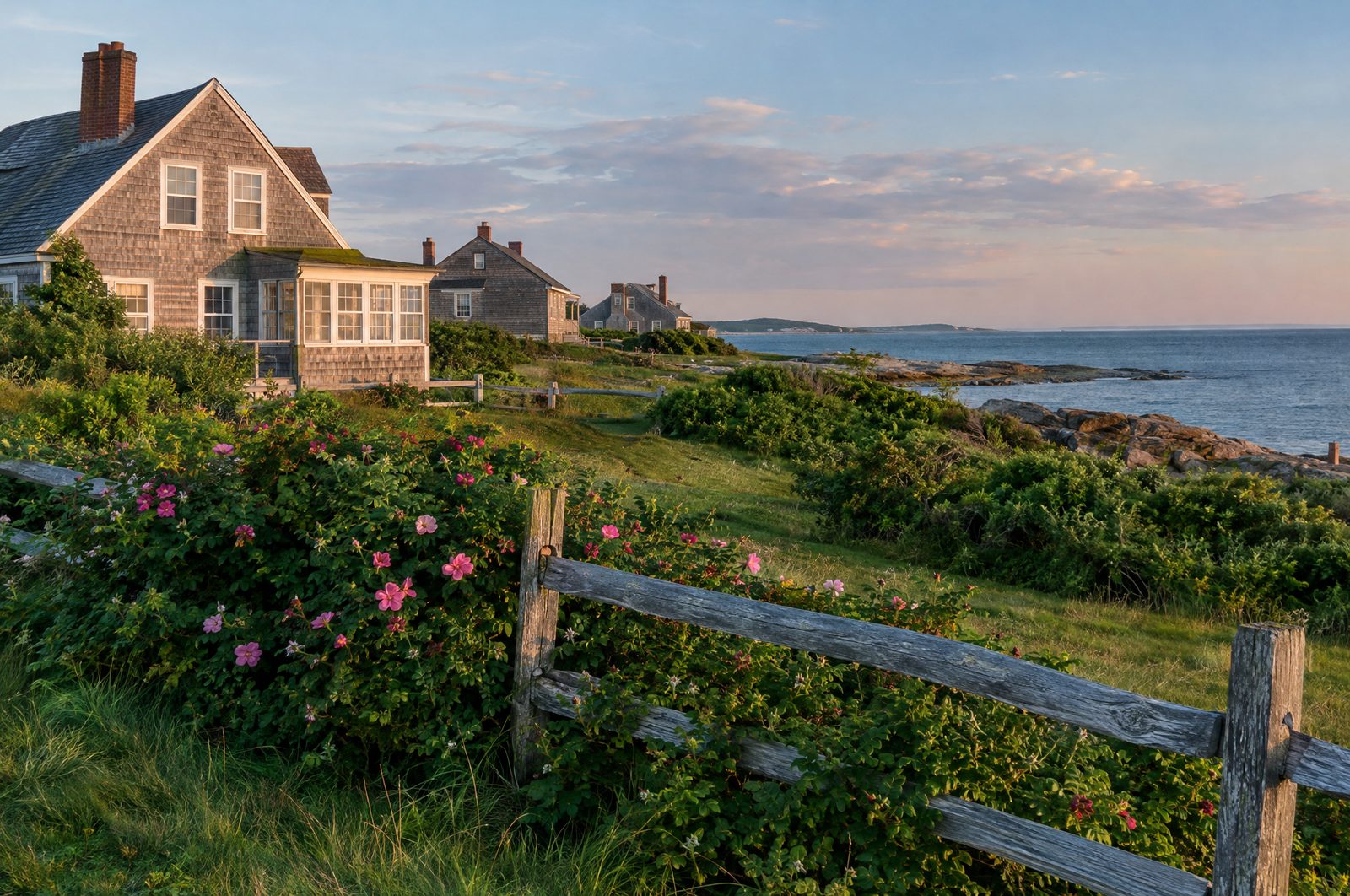 Shingled cottages along a grassy New England shoreline point with beach roses