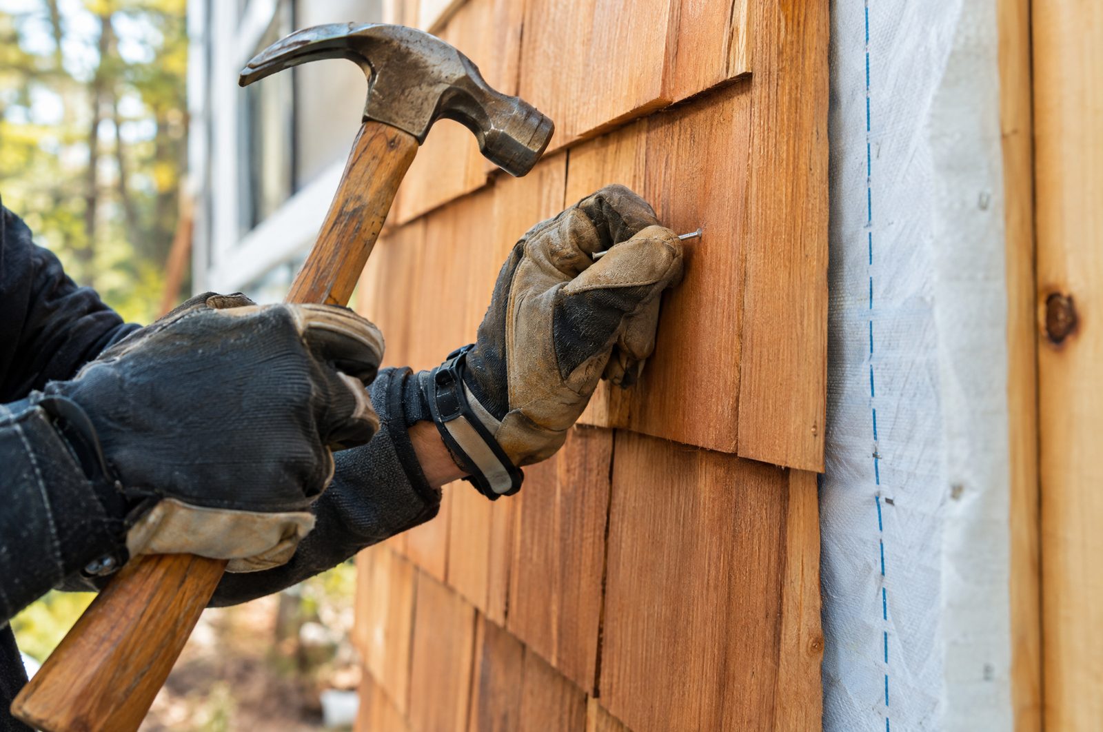 Carpenter hand-nailing cedar shingle siding with stainless steel nails