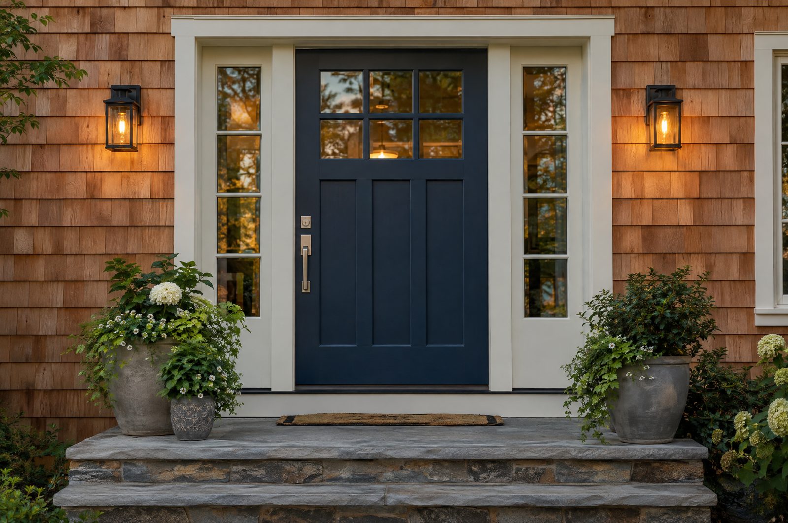 Navy blue craftsman entry door with glass sidelites and stainless hardware