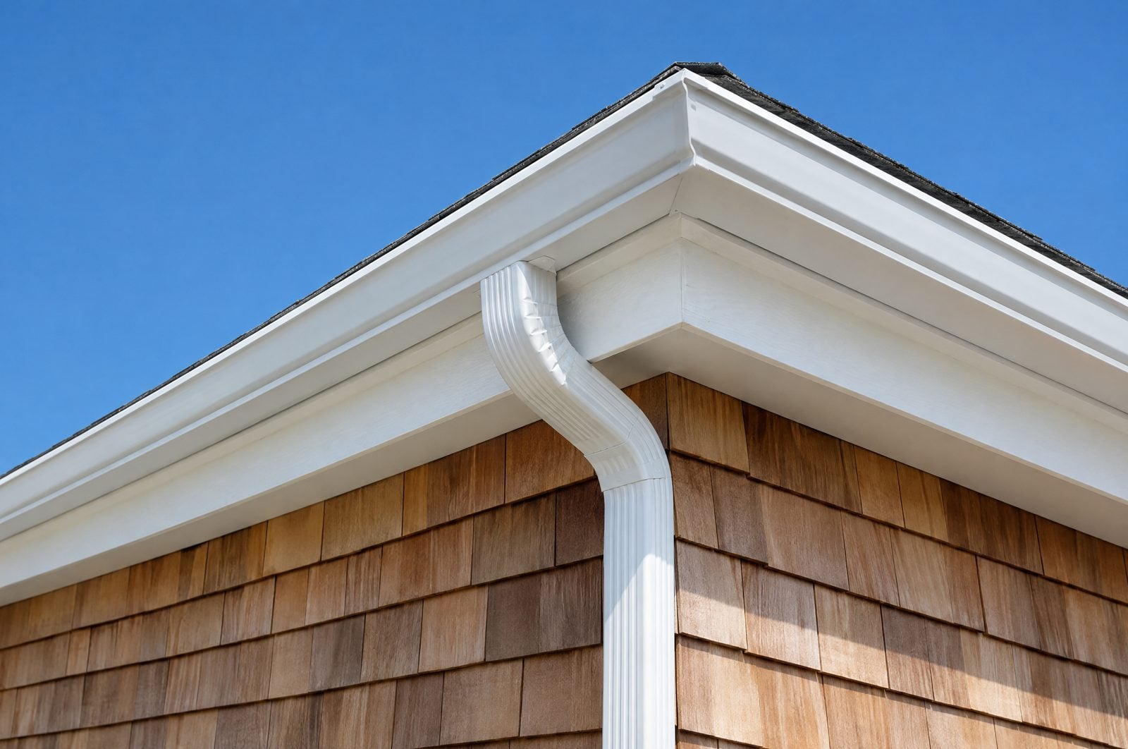 White seamless K-style gutter and downspout on the corner of a cedar-shingled house