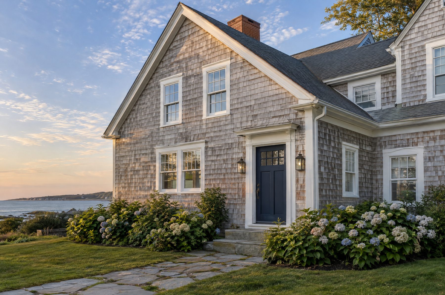 Coastal New England home with weathered cedar shingle siding, warm white trim, and a navy front door