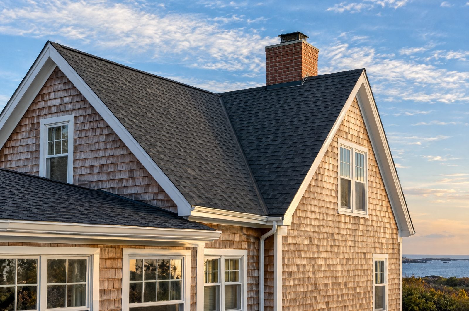 Charcoal architectural asphalt shingle roof on a cedar-shingled coastal home