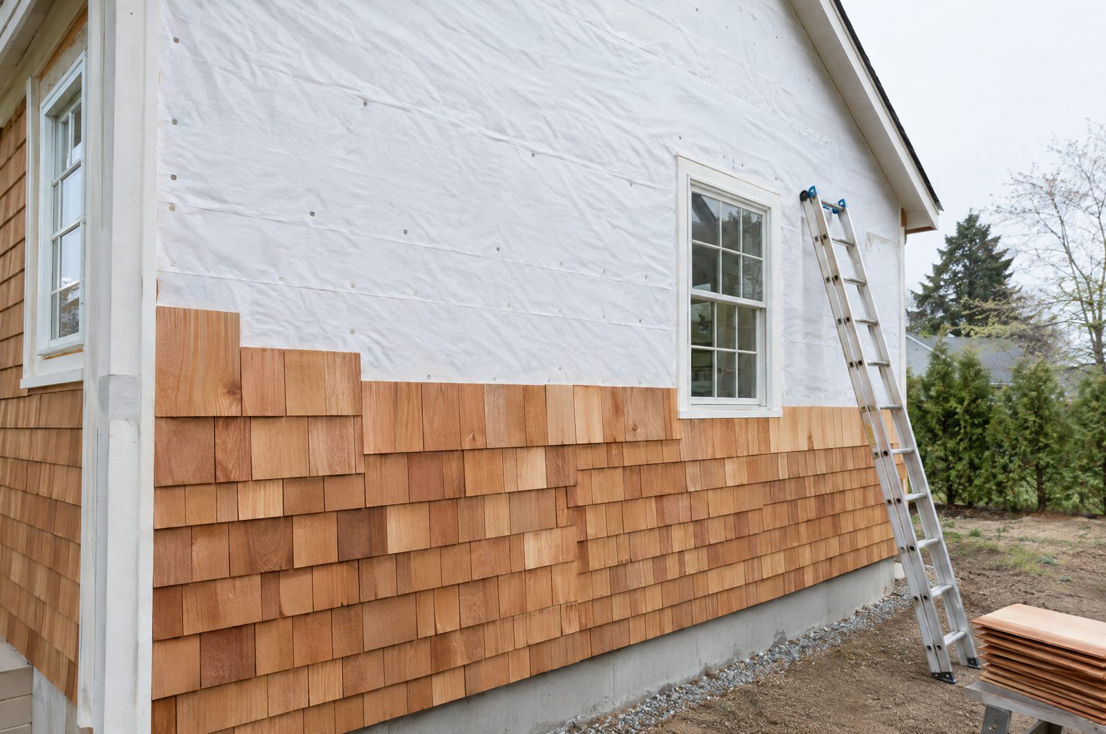Home exterior mid-renovation with fresh housewrap and new cedar shingle courses
