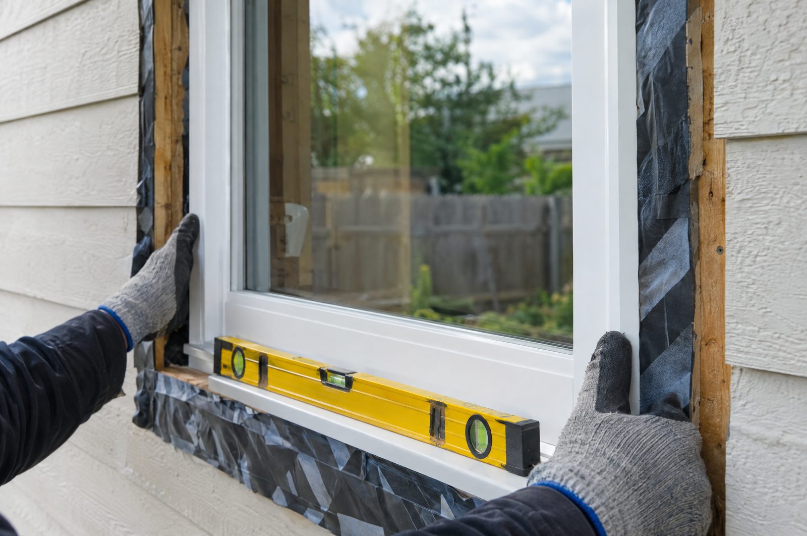 Replacement window being set into a flashed opening with a level on the sill