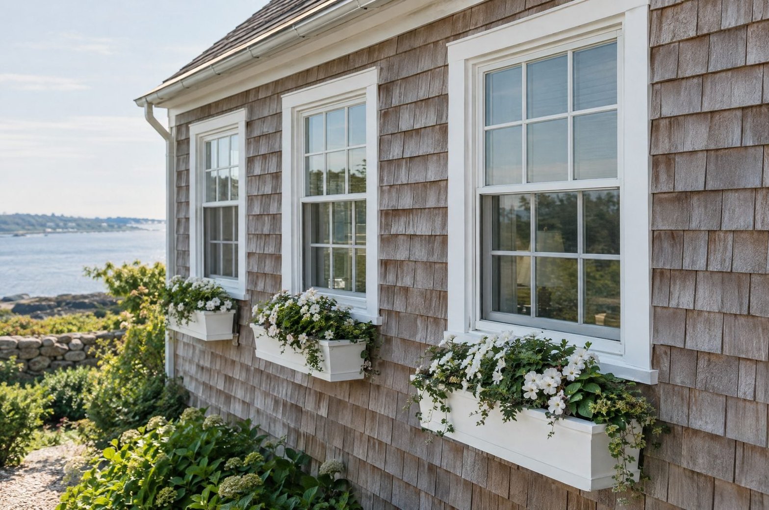 Three white double-hung windows with grids, white casing and window boxes on a gray shingled wall